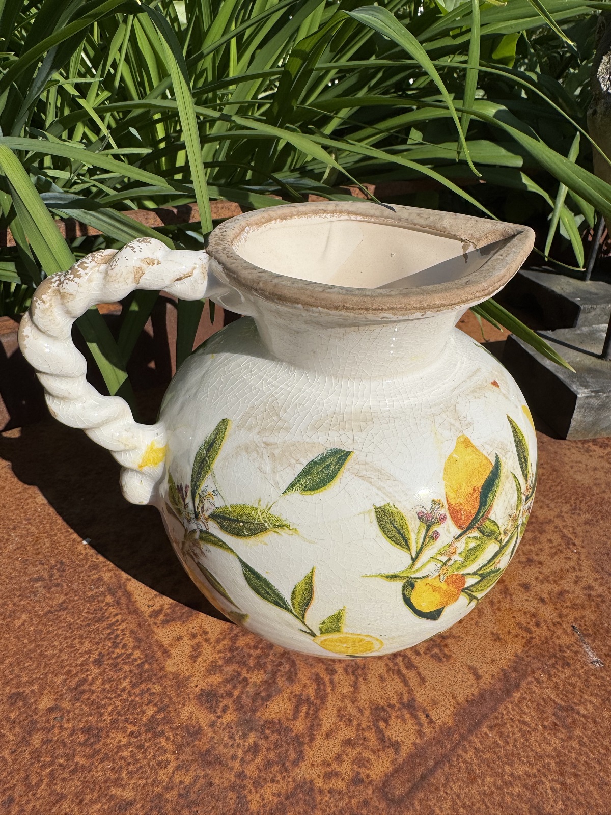 Keramik Vase / Krug Kordel Henkel Vintage Zitrone - Höhe 19 cm