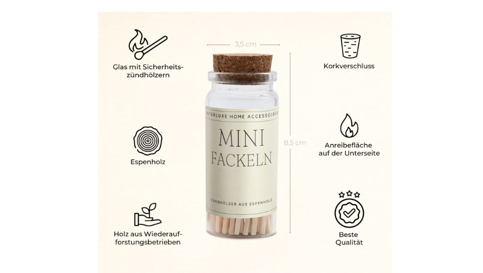 Zündhölzer Mini Fackeln im Glas - Höhe 8,5 cm