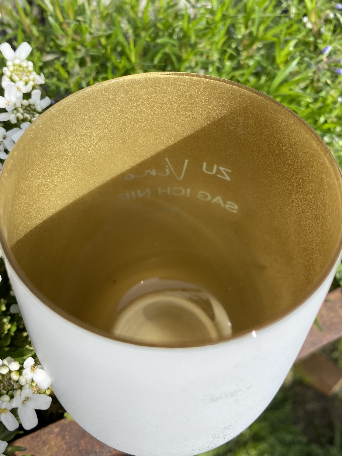 Gravur Windlicht Zu Vino sag ich nie No weiß/gold - Höhe 12 cm