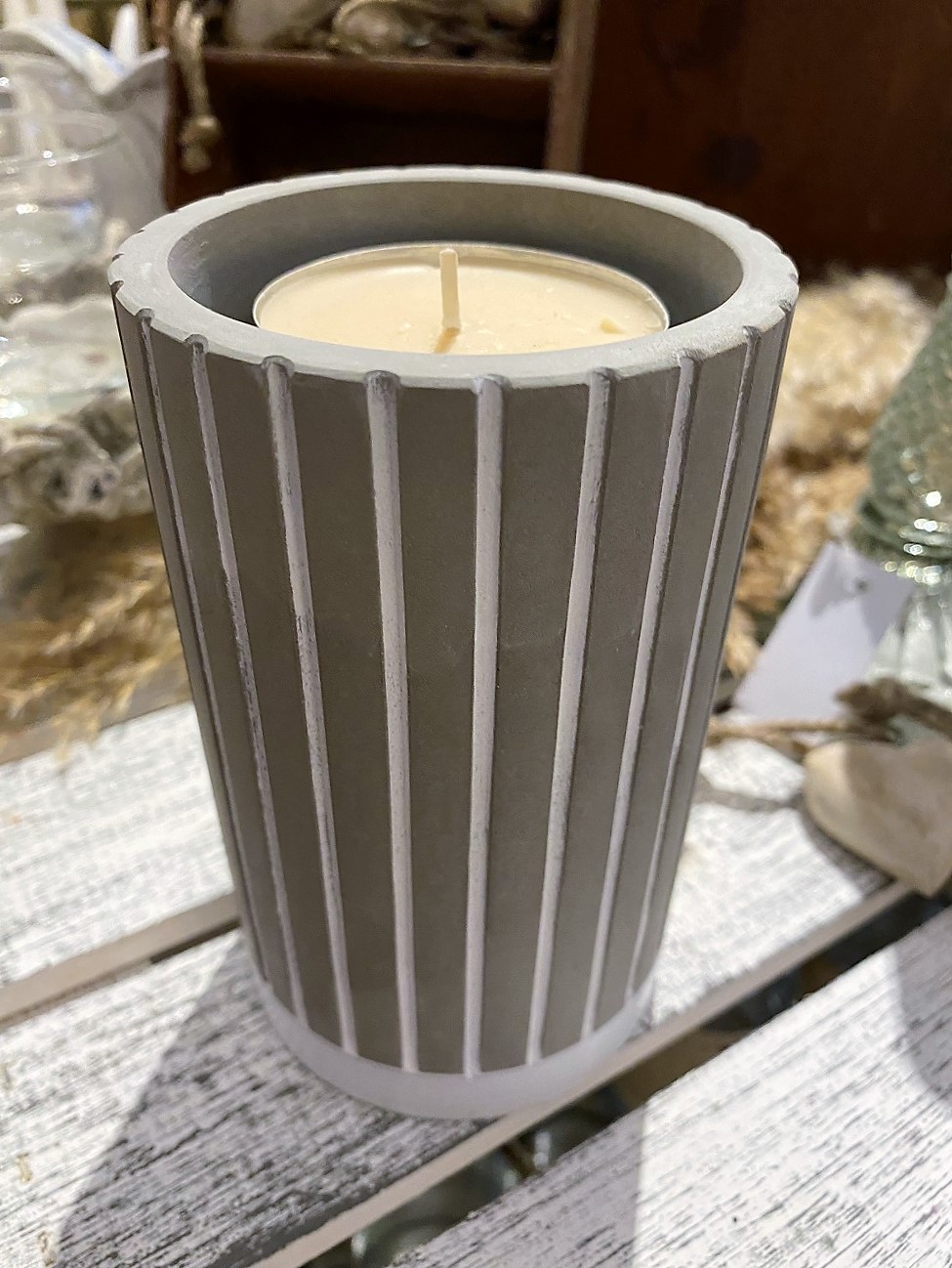 Zement Kerzen/Teelichthalter grau gestreift groß - Höhe 14,5 cm
