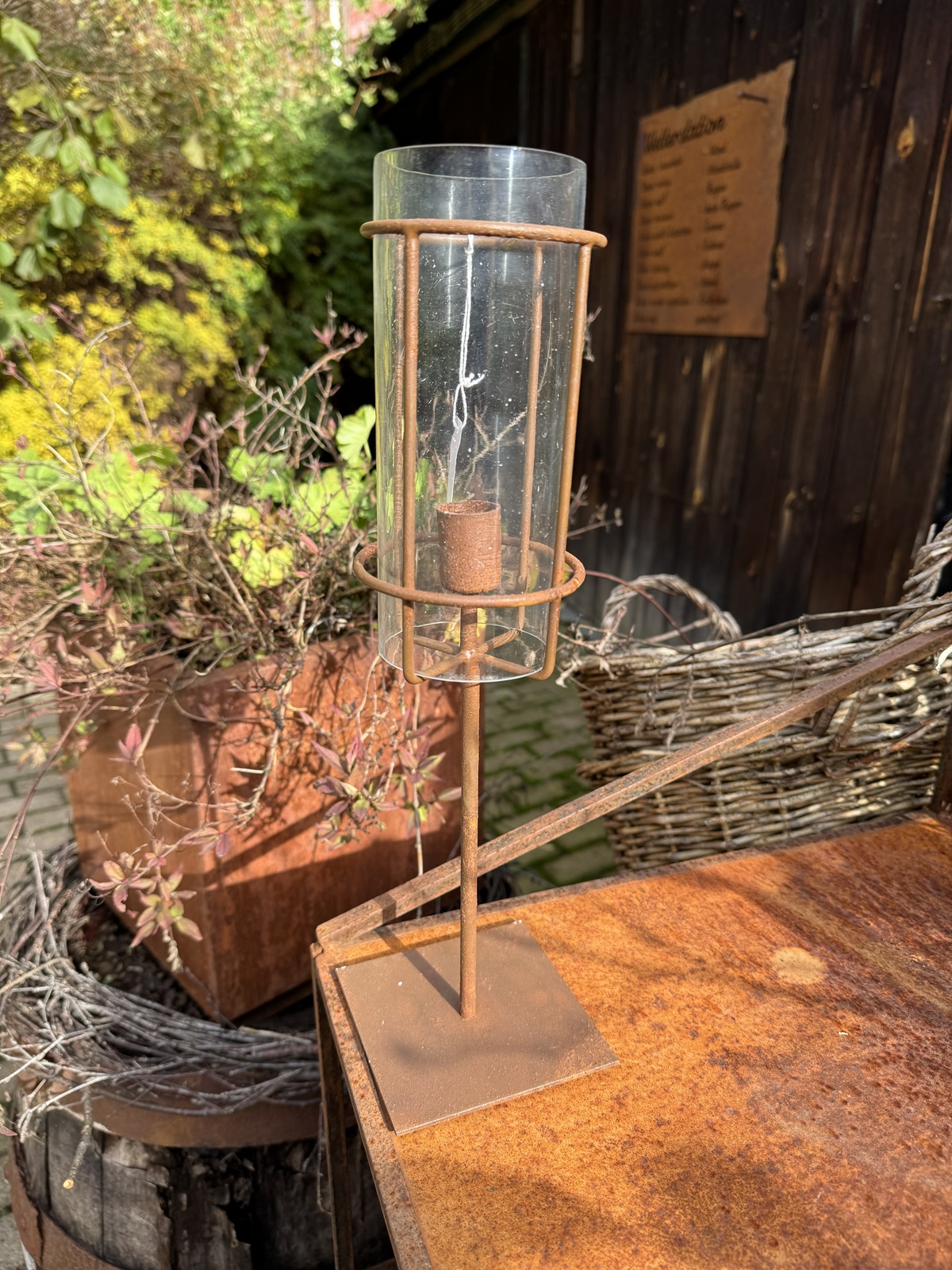 Edelrost Kerzenhalter für Stabkerzen mit Glaseinsatz - Höhe 35 cm