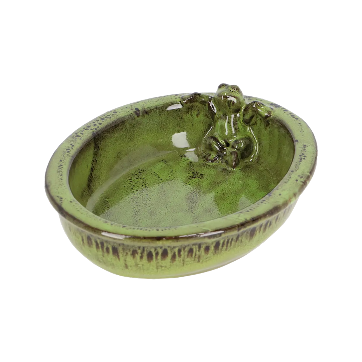 Keramik Vogeltränke / Vogelbad grün in ovaler Form mit Frosch - Breite 30 cm