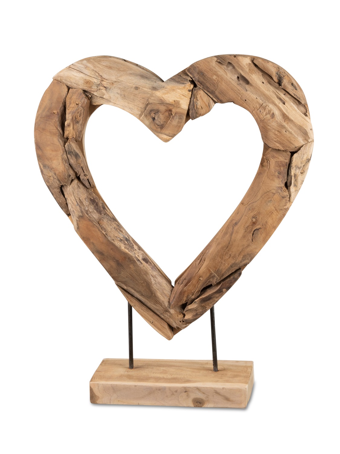 Teak Holz Herz offene Form groß auf Standplatte - Höhe 60 cm