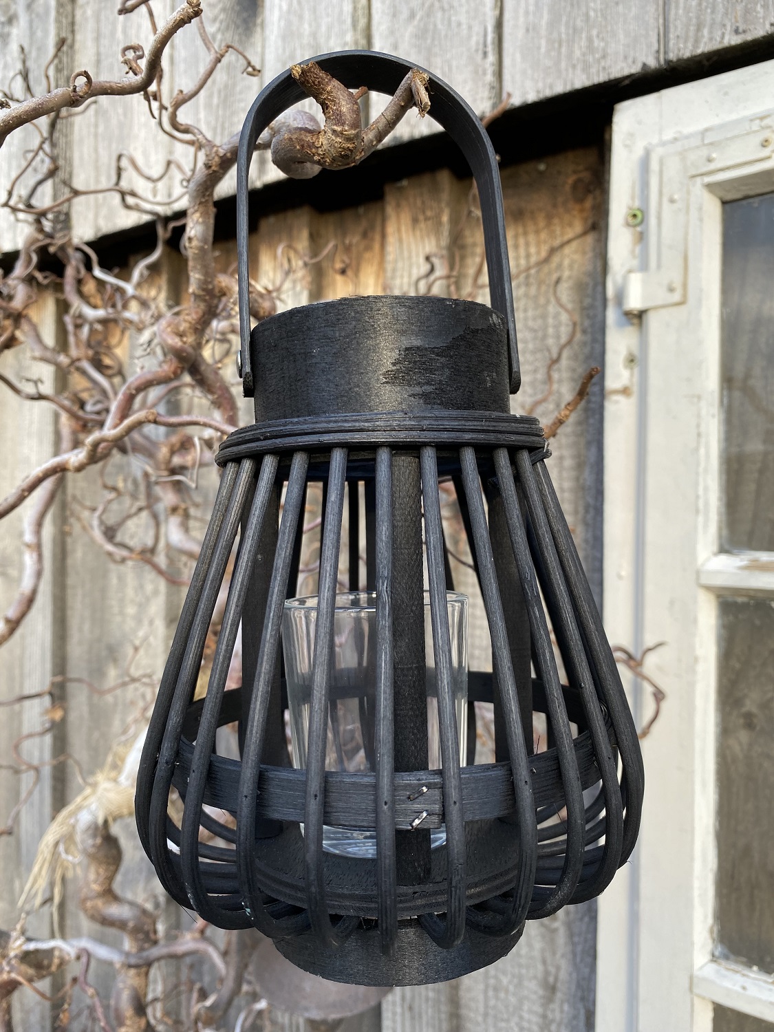 Bambus Windlicht schwarz mit Henkel und Glas - Höhe 18 cm ohne Henkel