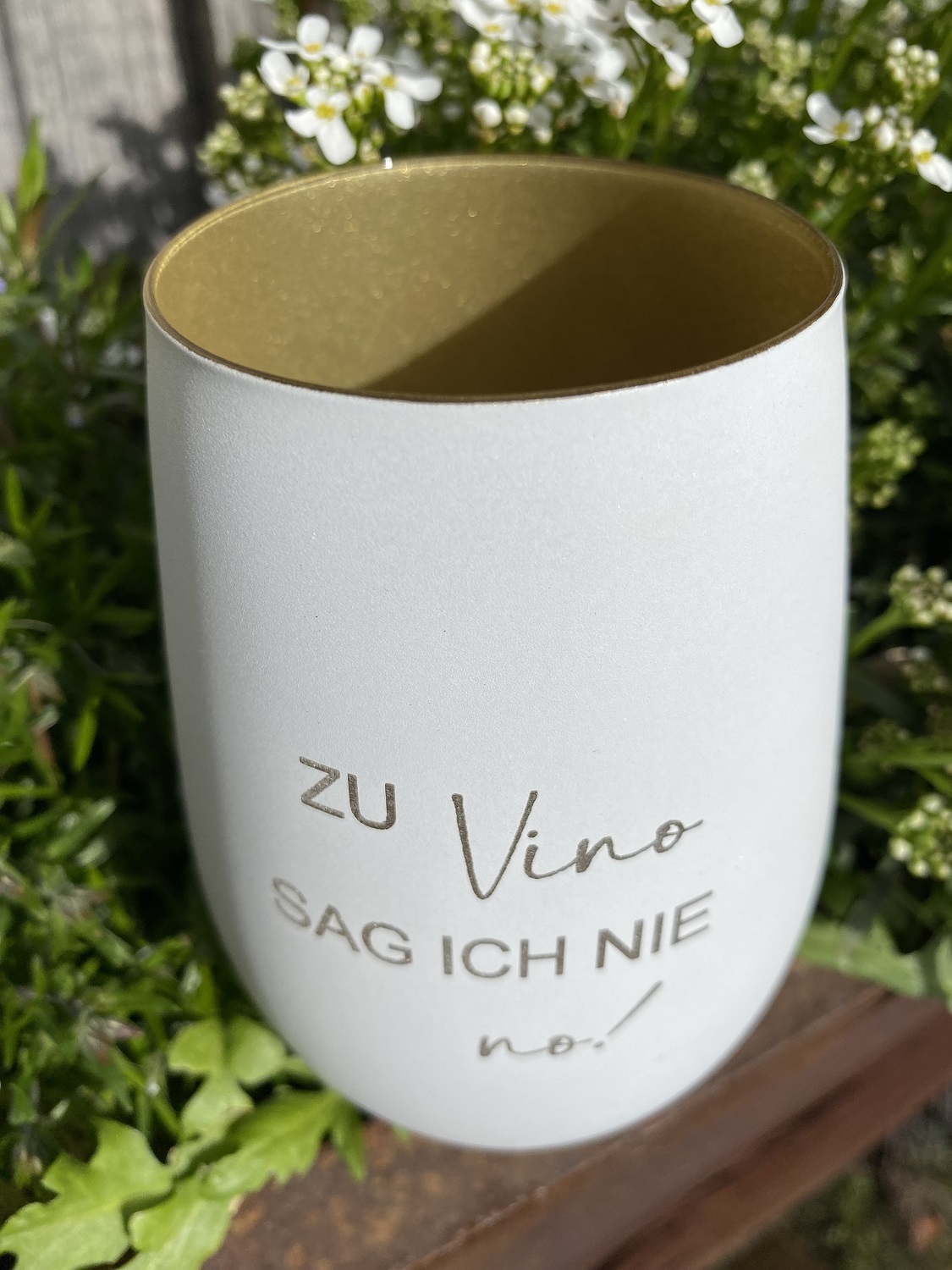 Gravur Windlicht Zu Vino sag ich nie No weiß/gold - Höhe 12 cm