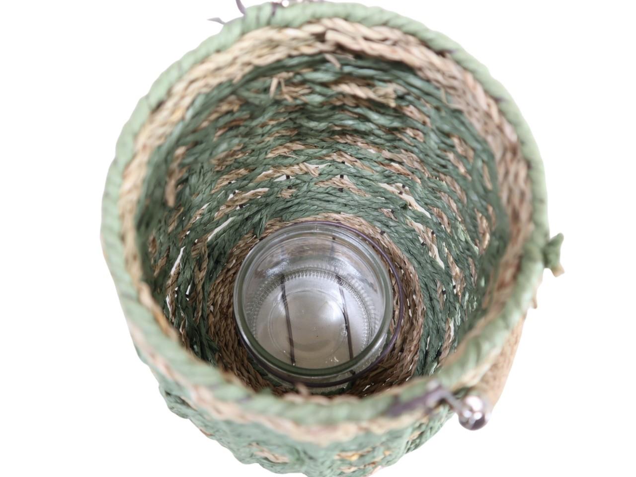 Seegras Windlicht bauchig groß grün/natur - Höhe ohne Henkel 27 cm