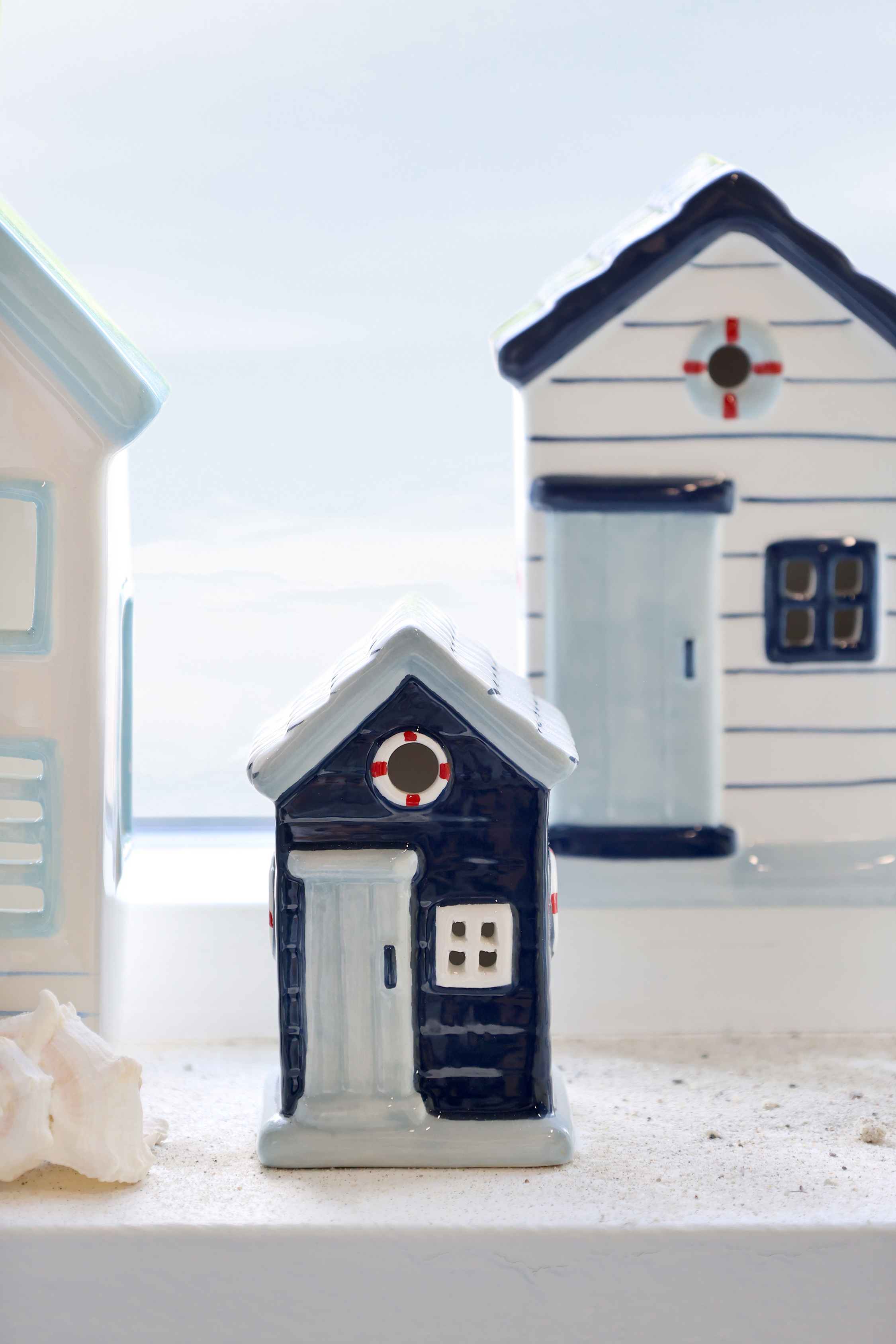 Keramik Mini Strandhaus Dunkelblau/Weiß - Höhe 10 cm