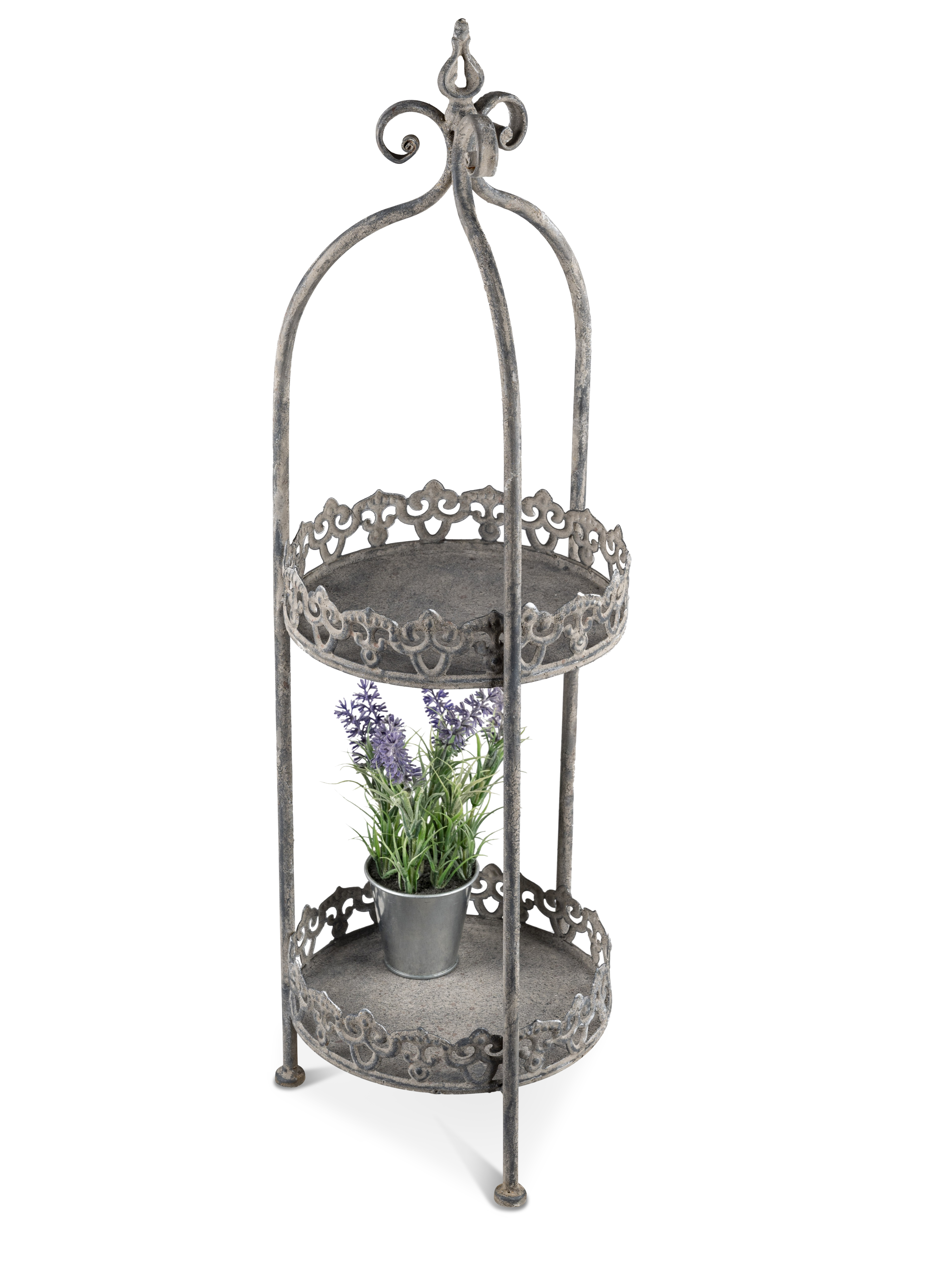 Metall Etagere antik-grau rund mit  2 Böden - Höhe 74 cm