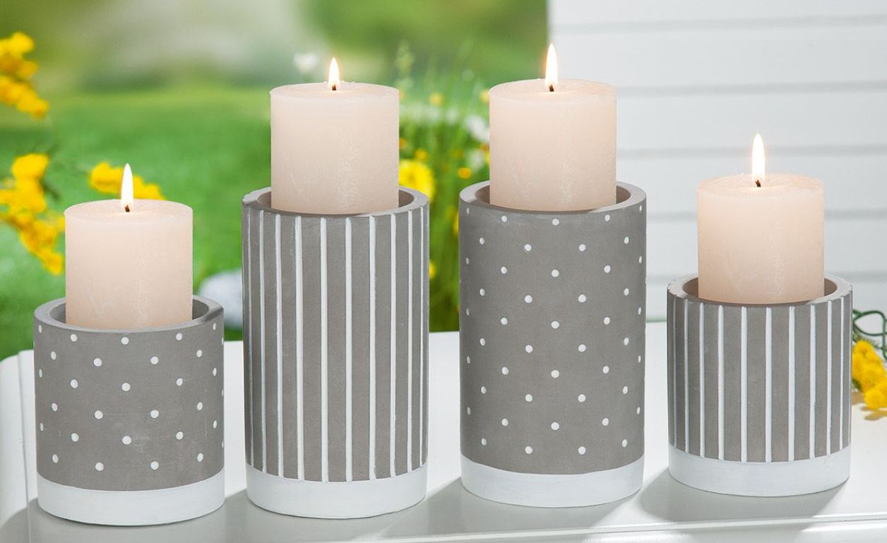 Zement Kerzen/Teelichthalter grau gestreift groß - Höhe 14,5 cm