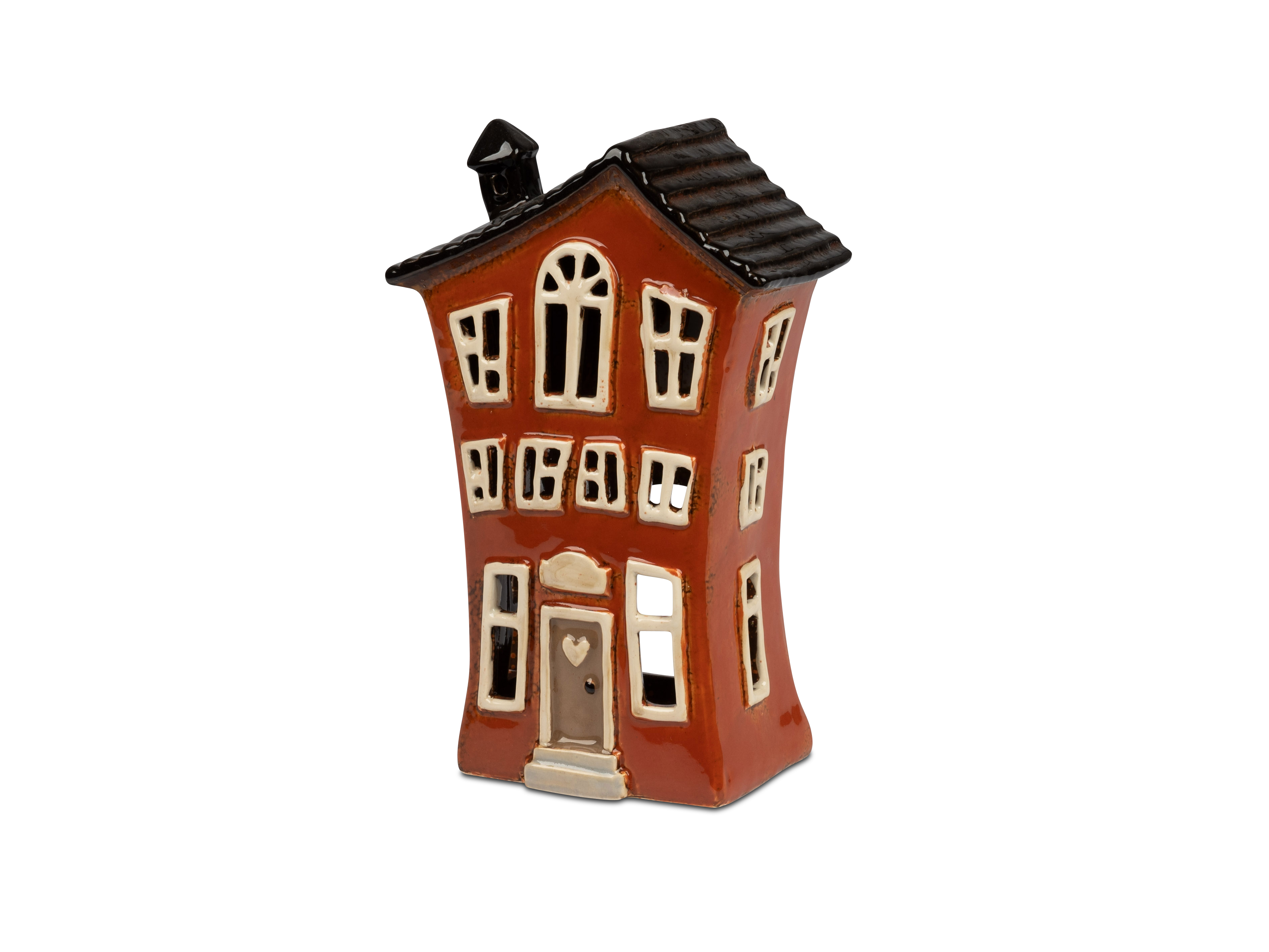 Keramik Windlicht schiefes Häuschen Serafina orangebraun - Höhe 22 cm