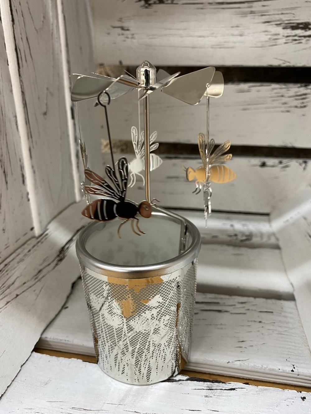 Glaskarussell Biene Teelichthalter mit Propeller - Höhe 16 cm