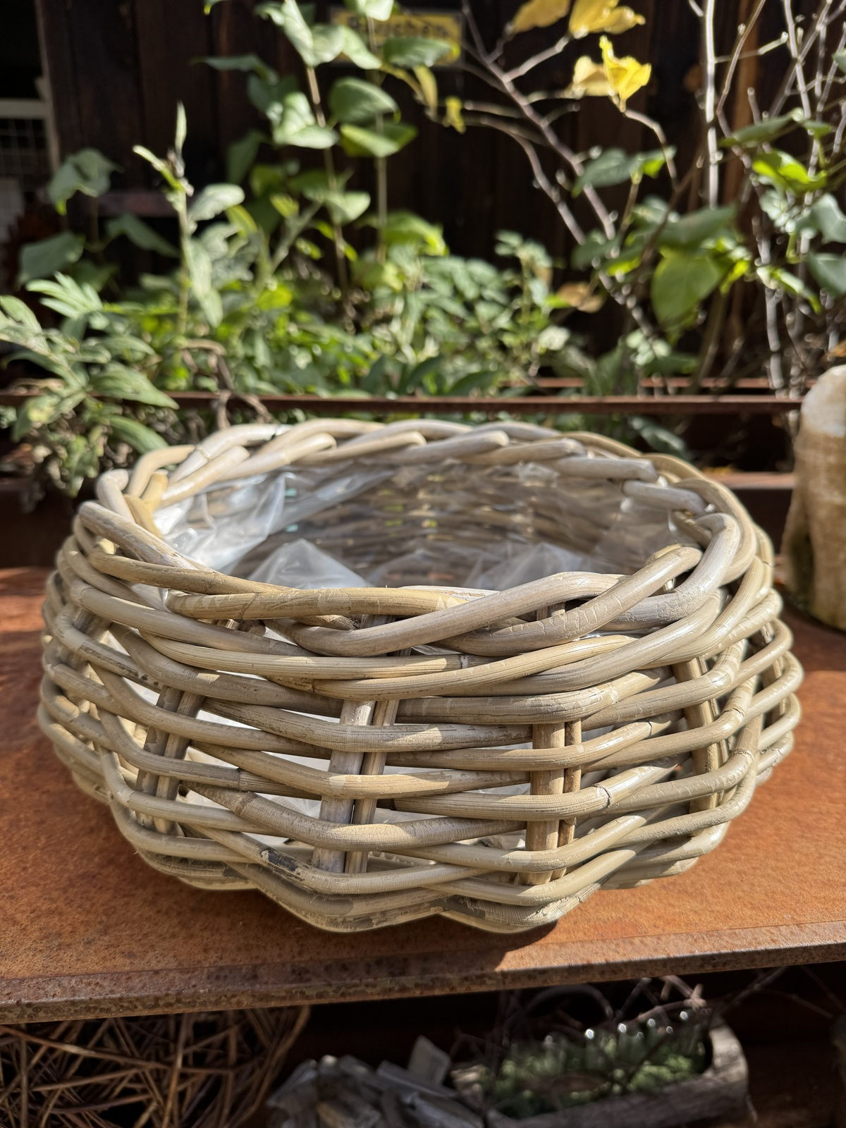 Pflanz Schale Rattan klein rund Outdoor mit Folie - Durchmesser 33 cm