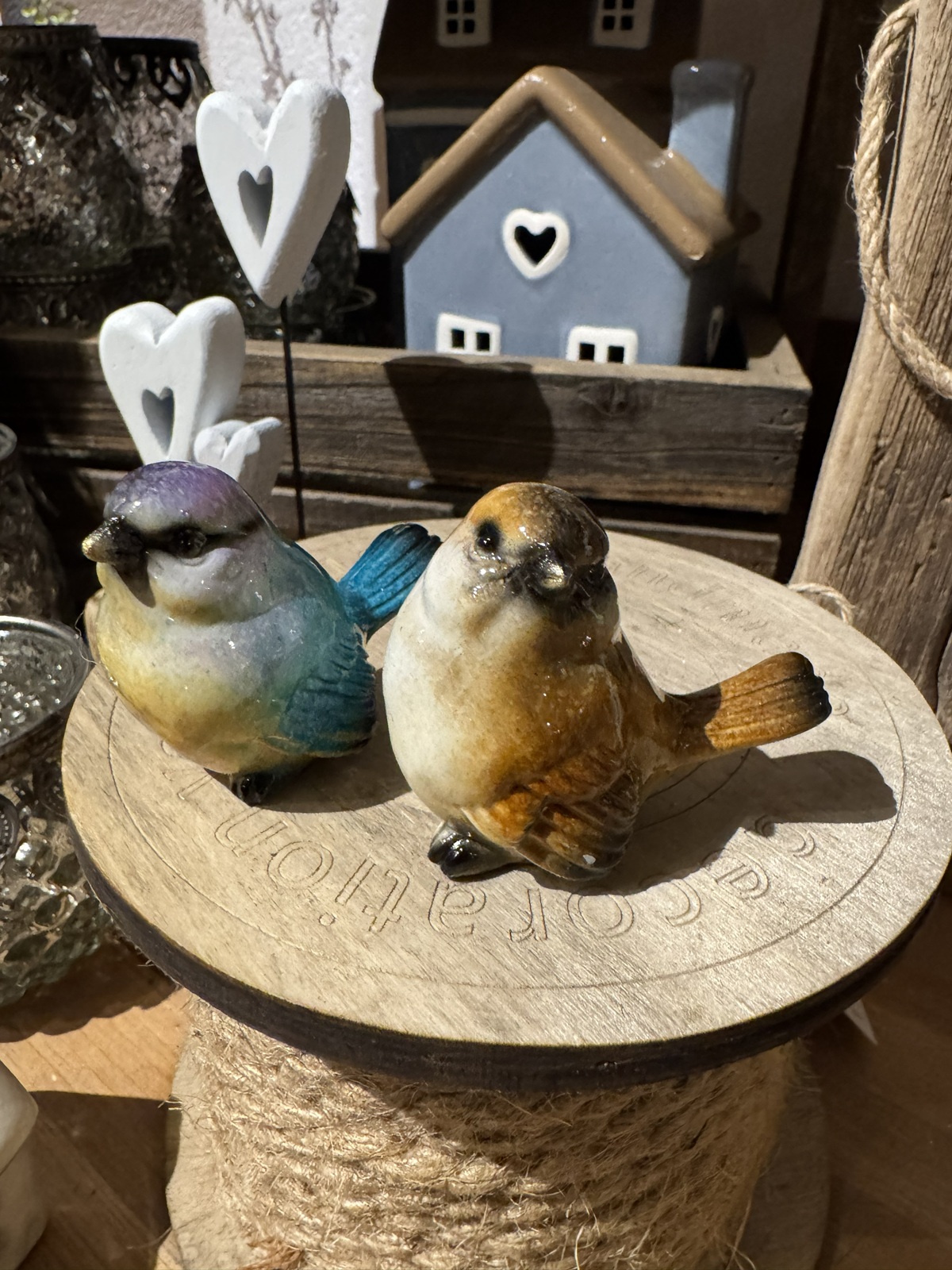 2tlg Keramik Vögel braun/blau Handbemalt - Höhe 6 cm