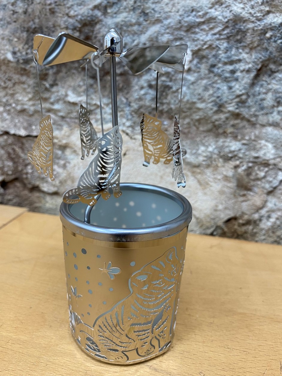 Glaskarussell Kätzchen Teelichthalter mit Propeller - Höhe 16 cm