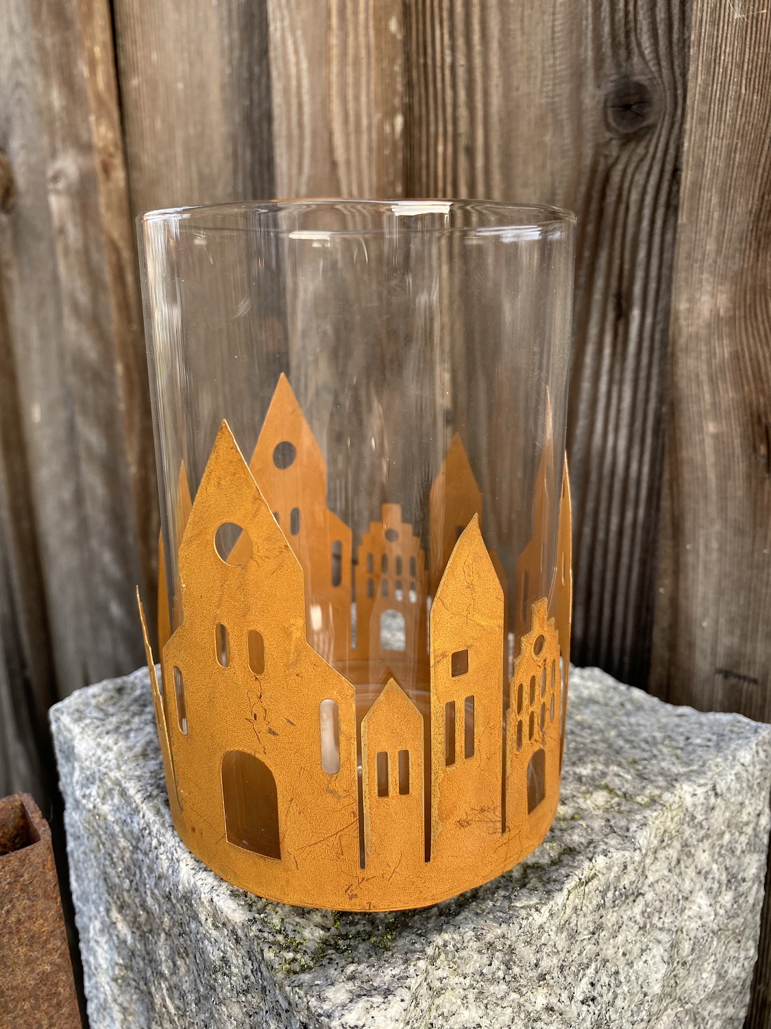 Rost Häuser groß mit Windlichtglas - Höhe 13,5 cm