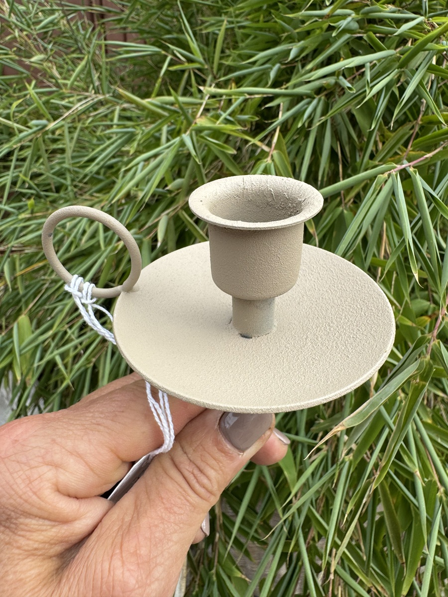 Metall Kerzenhalter für Flaschen Cremefarben mit Teller und Henkel - Höhe 8 cm