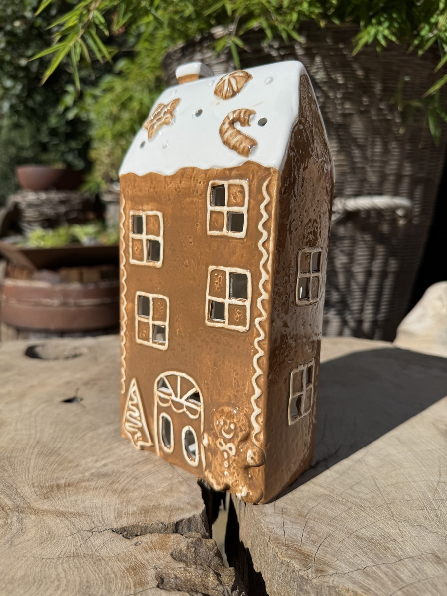 Keramik Windlicht Lebkuchen Haus eckig - Höhe 24 cm