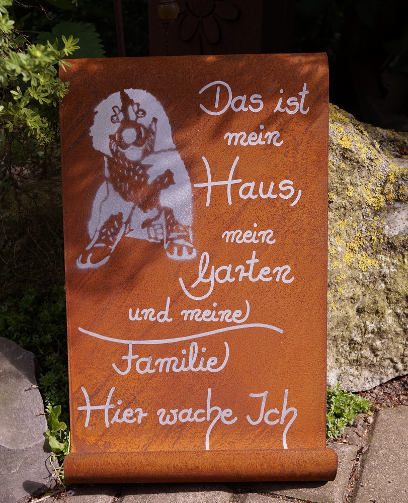 Edelrost Tafel gewellt mit Berner Sennenhund Motiv - Das ist mein Haus