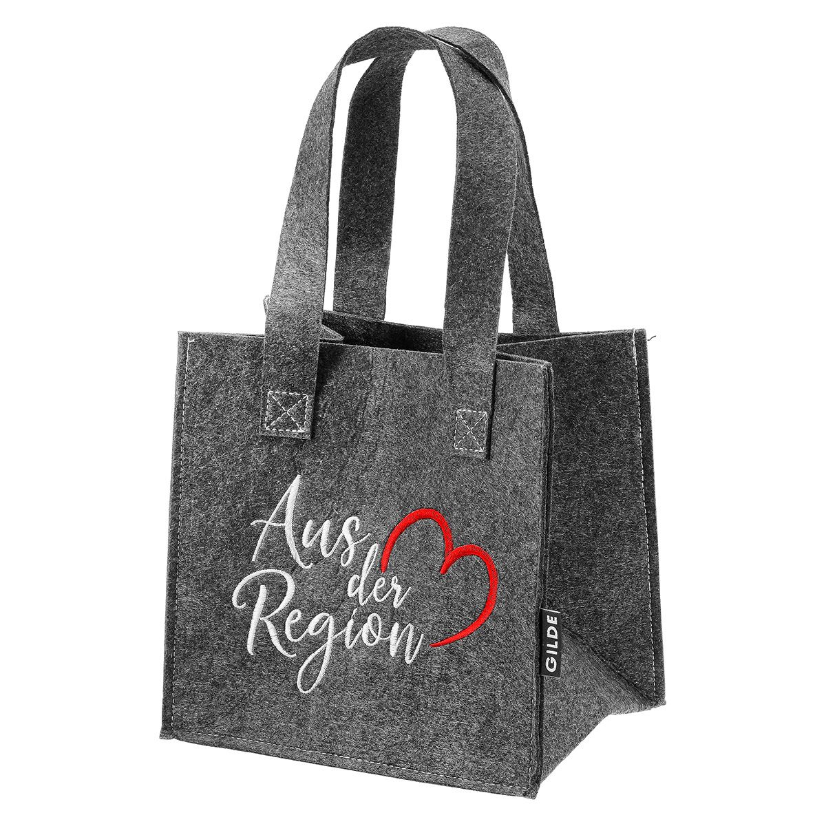 Filz Geschenketasche Aus der Region mit rotem Herz - Höhe 20 cm