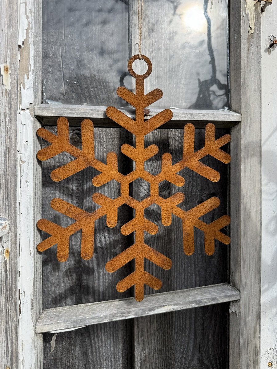 Edelrost Schneeflocke groß (Modell 2) an Juteband – Ø 24,5 cm