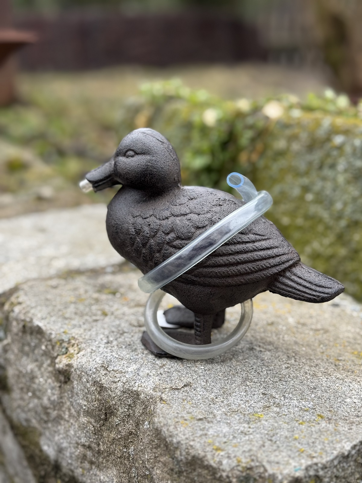 Wasserspeier Ente Erna sitzend inkl. Pumpe - Höhe 14 cm