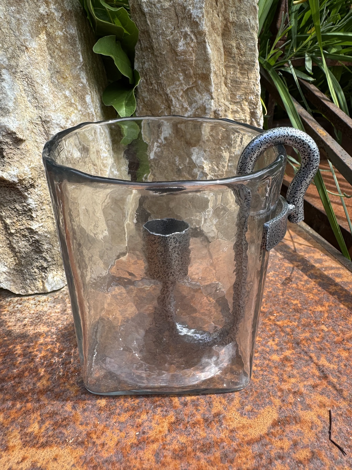 Glas Windlicht mit Stabkerzenhalter silber - Höhe 12 cm