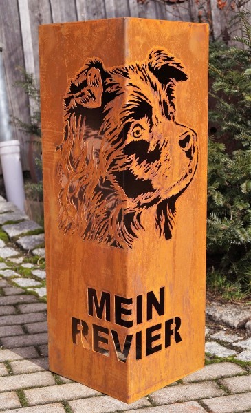 Edelrost Säule mit Hundekopf und Schriftzug Mein Revier - Höhe 90 cm