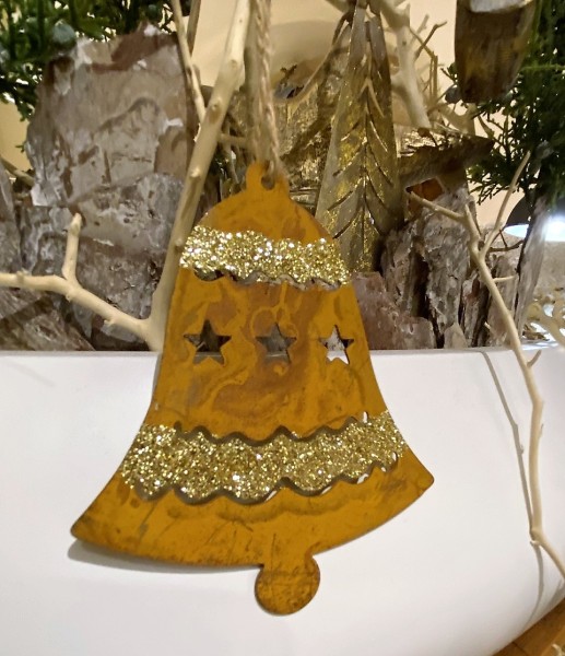 Rostoptik Glocke mit Gold zum Hängen - Höhe 10,5 cm