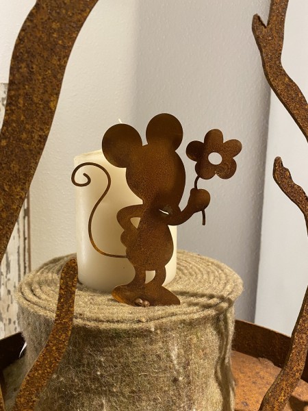 Edelrost Topfstecker Maus mit Blume - Gesamthöhe 25 cm
