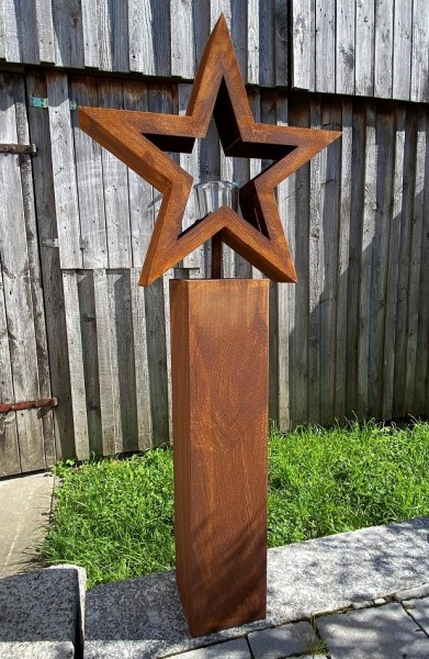 Edelrost Windlicht Säule mit offenem Stern und Kerzenglas - Höhe 118 cm