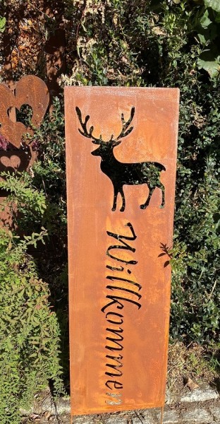 Naturrost Gartenstecker Schild Willkommen mit Hirsch groß - Höhe 120 cm