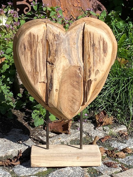 Teak Holz Herz geschlossene Form klein auf Standplatte - Höhe 40 cm
