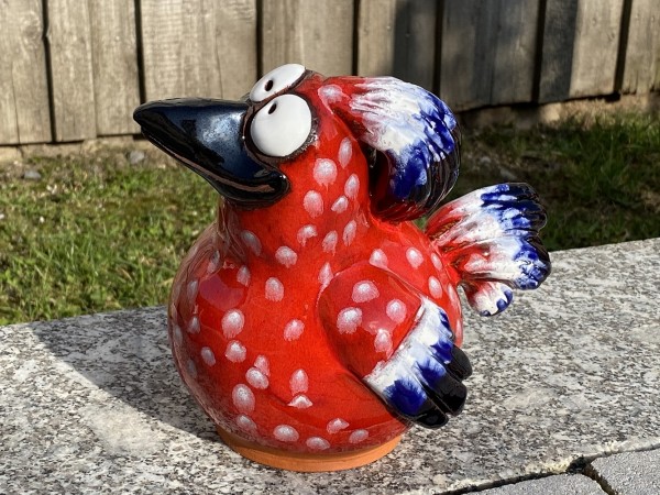 Keramik Gartenkugel Huhn rot gesprenkelt frostfest - Höhe 17,5 cm