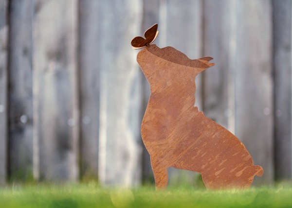 Edelrost Hund Bully mit Schmetterling auf der Nase - Höhe 45 cm