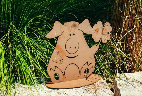Edelrost Schweinchen Lucky mit Kleeblatt - Höhe 31 cm