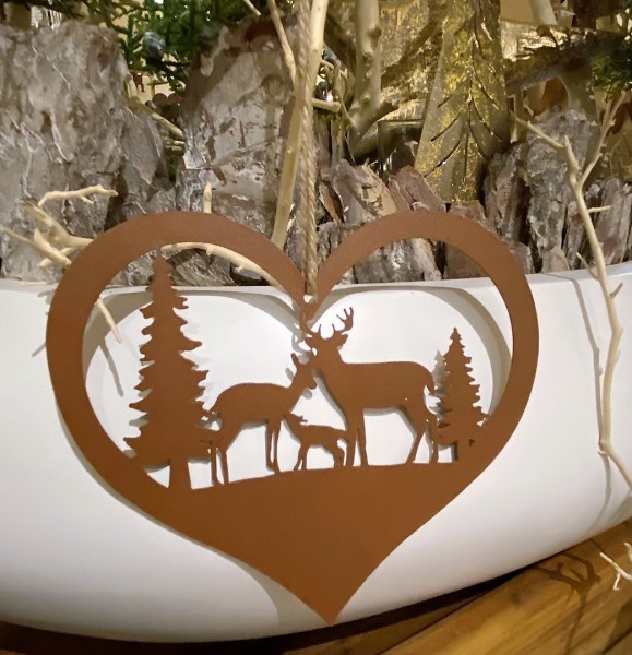 Rostoptik Herz Hirschfamilie mit Waldlandschaft - Höhe 13 cm