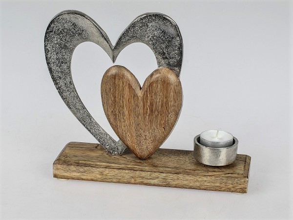 Aluminium Teelichthalter Herz mit Mango Holz - Höhe 20 cm