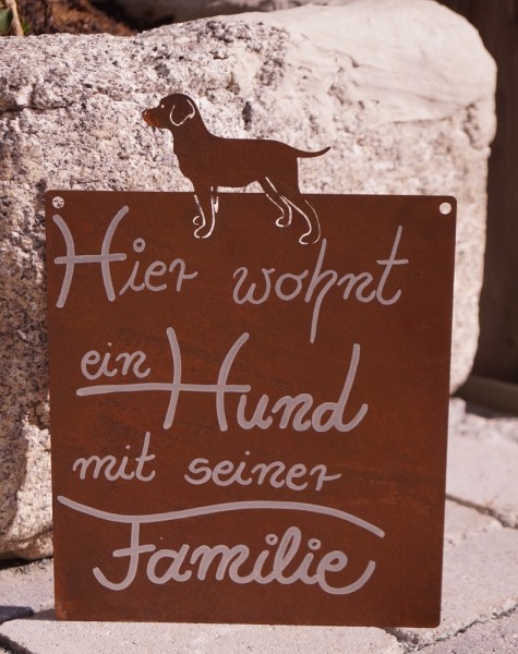Edelrost Tafel Hund mit Spruch - Hier wohnt ein Hund mit seiner Familie