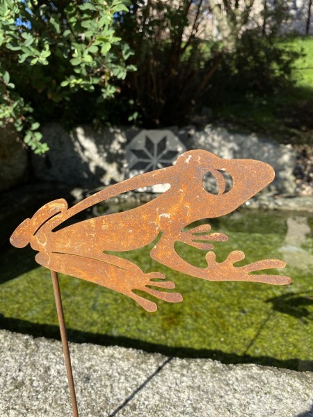 Edelrost Frosch offene Form sitzend auf Stab - Höhe 60 cm
