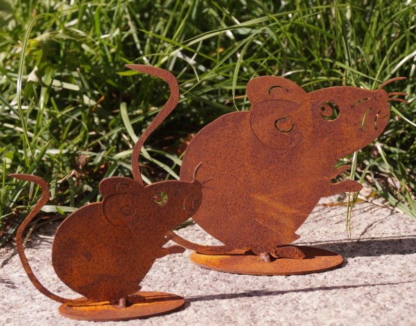 Edelrost Mäuse 2-teilig auf Bodenplatte - Höhe 7 / 10 cm