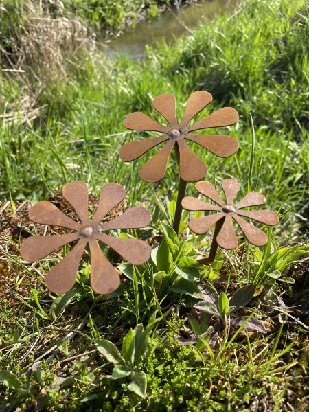 Edelrost 3tlg. Blütenset mit Stiel - Höhe 20 cm