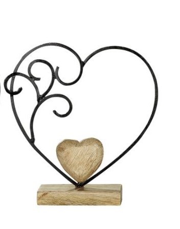 Metall Herz Ornament schwarz auf Mangoholz Sockel 19 x 19 cm