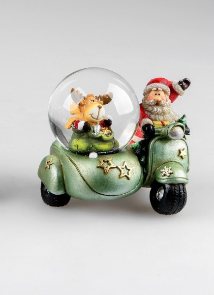Schneekugel Roller mit Beiwagen Weihnachtsmann und Elch grün