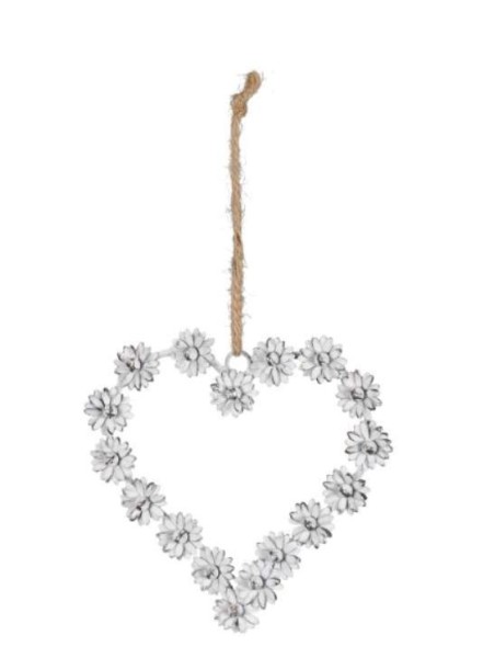Metall Shabby Blüten-Herz weiß mit Band zum Hängen 14 x 14 cm