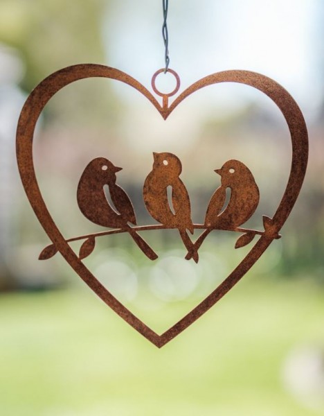 Edelrost offenes Herz mit Vögelchen auf Zweig - Höhe 23 cm