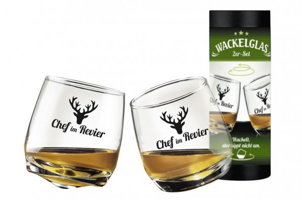 2 teilig Set Whisky Wackelglas Chef im Revier in Zylinder-Geschenkbox