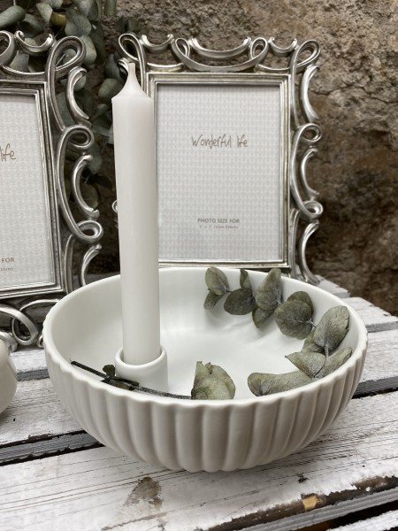 Kerzenhalter mit Deko-Schale geriffelt weiß - Durchmesser 18 cm