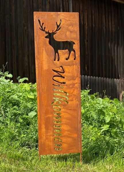 Naturrost Gartenstecker Schild Willkommen mit Hirsch klein - Höhe 83 cm
