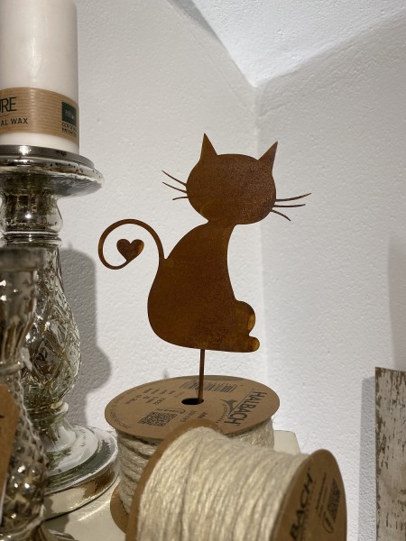 Edelrost Topfstecker Katze mit Herz - Gesamthöhe 25 cm