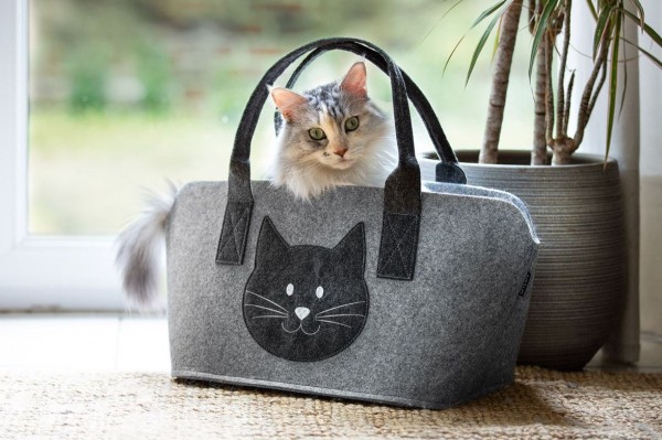 Filz Tasche mit Katzenkopf hellgrau
